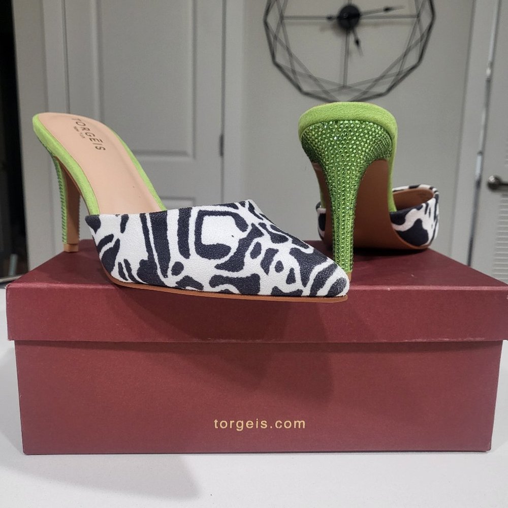 Black,white ,green mules